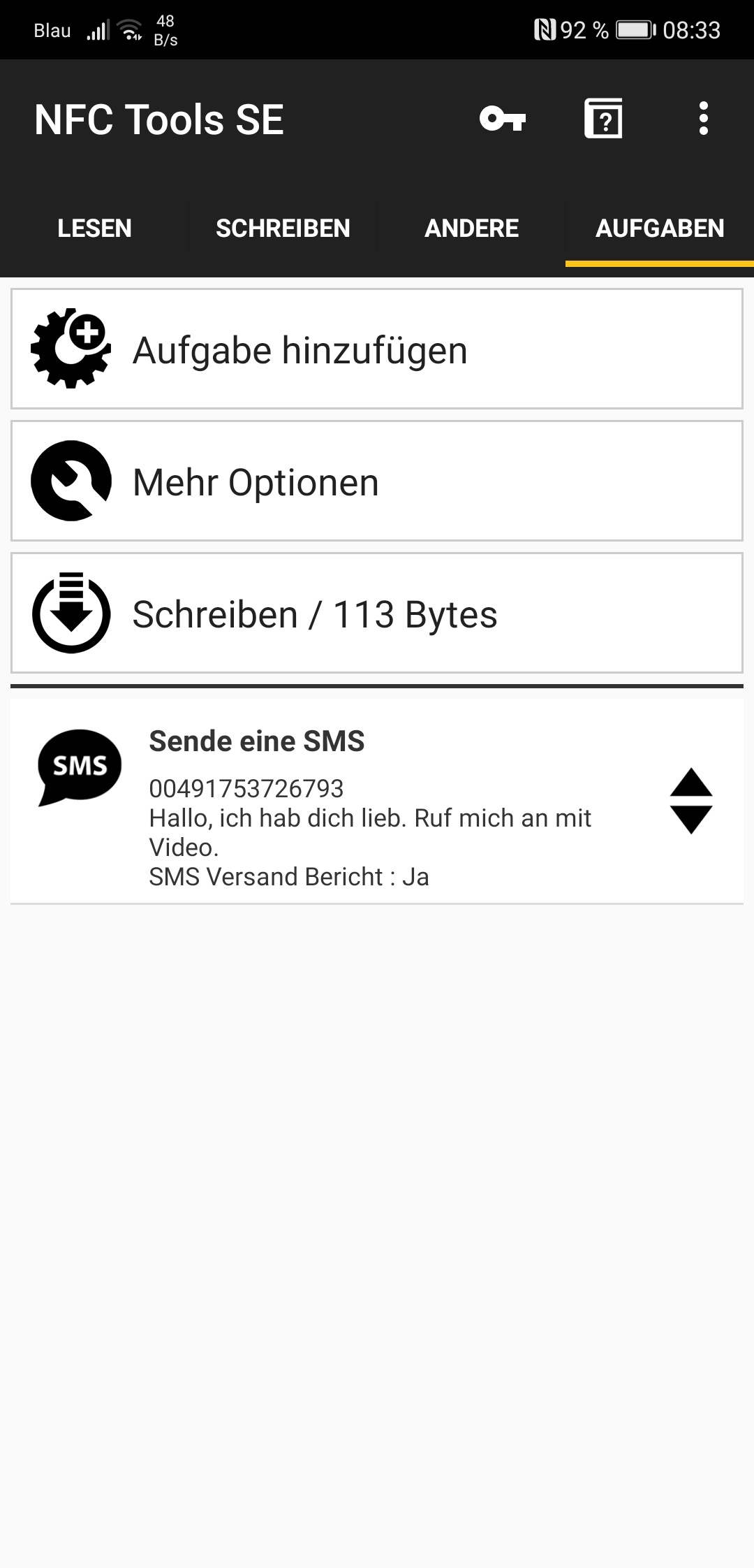 Screenshot Smartphone: Vorformulierte SMS schicken